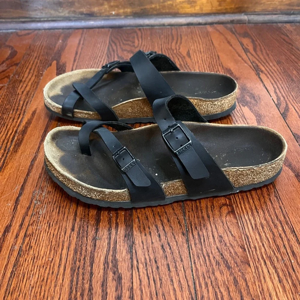 Birkenstock Mayari Black Birko-Flor Toe Loop Buckle Cork Sandals‎ Womens 39 L8